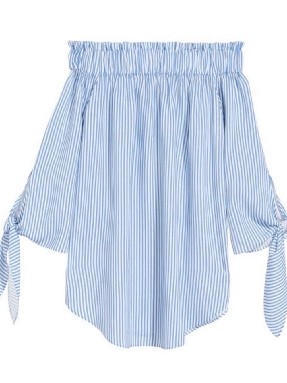 H&M Light Blue and White Off-Shoulder Stripe Tie-Sleeve Top